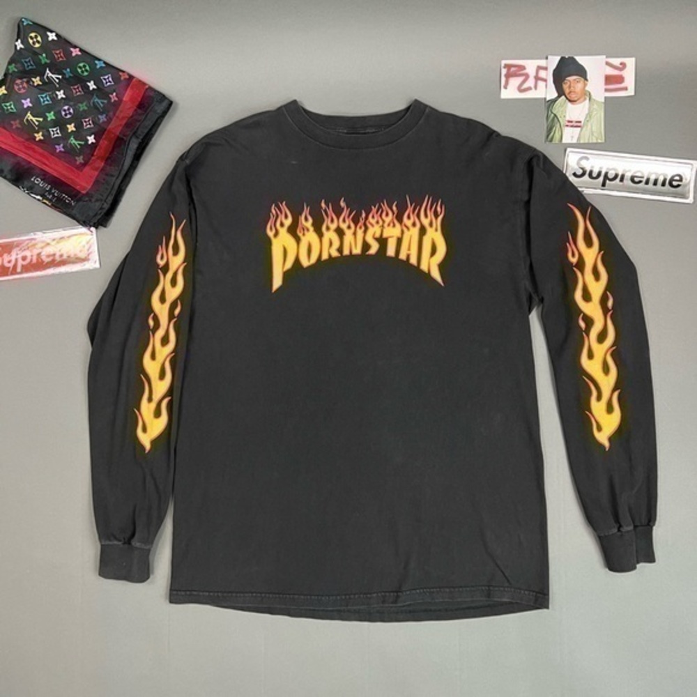 1990s Vintage Pornstar Skateboards Flaming Spell Out Logo Rare Streetwear Punk T